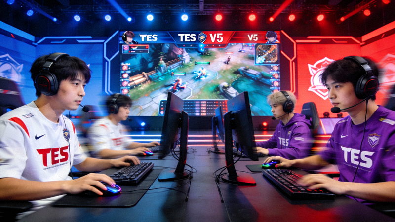 英雄联盟职业比赛TES战队与V5战队激烈对战场景